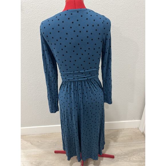 Blue Polka Dot Long Sleeve Midi Dress Wrap Style Tie Waist Casual - Picture 2 of 7